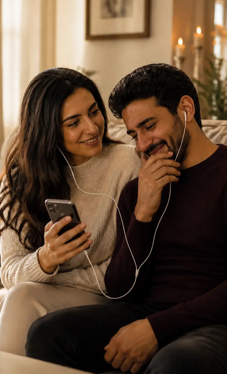 A couple sharing an emotional musical gift